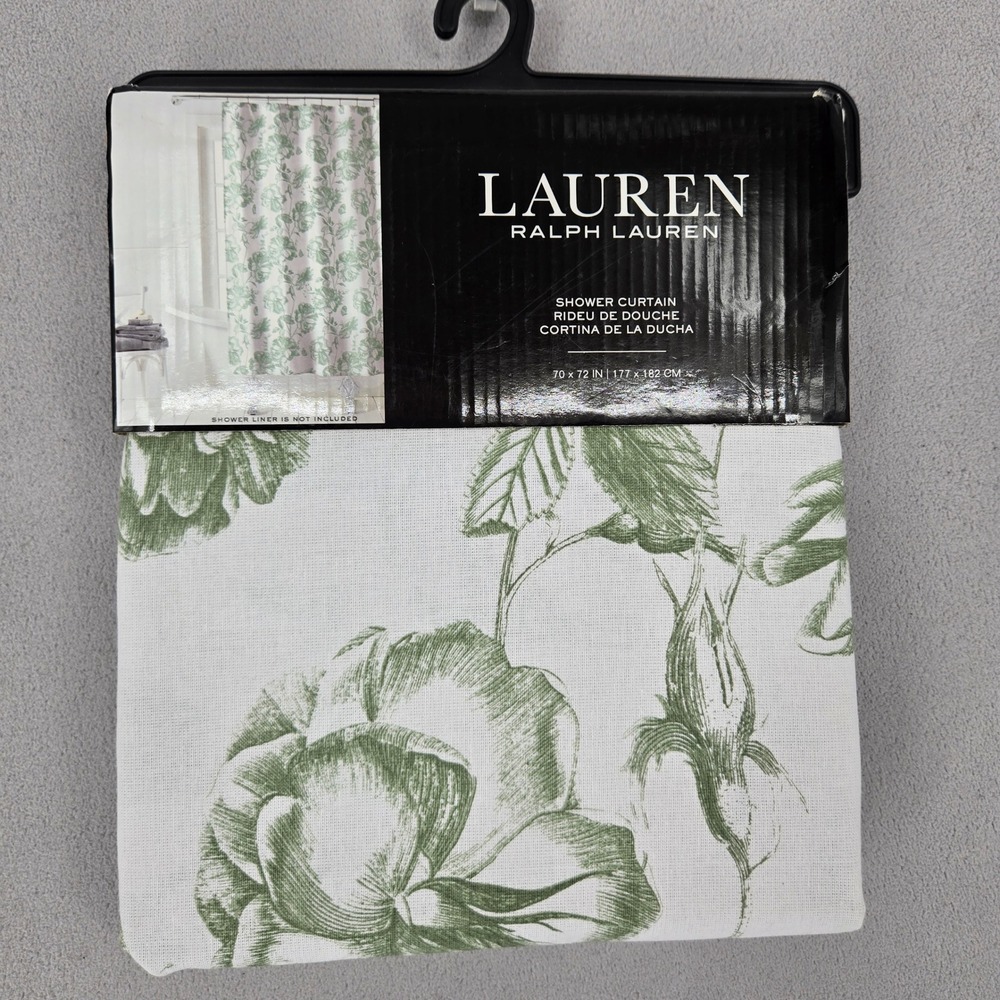 Lauren Ralph Lauren New 70x72 Shower Curtain Green White Floral Toile Cotton
